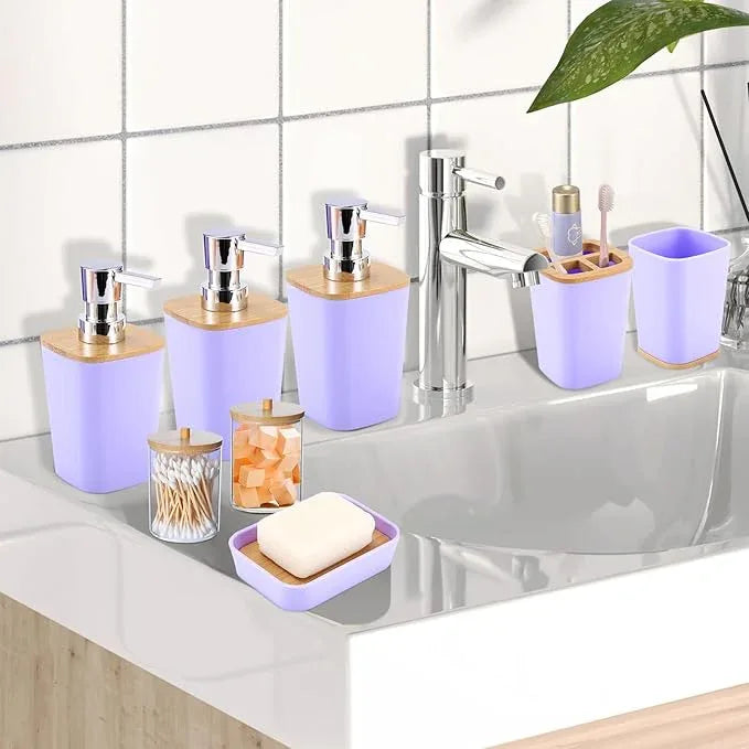 XLHOMO Purple Bathroom Accessories, Bathroom Accessories Set with Trash Can, Soap Dispenser, Toothbrush Holder, Toothbrush Cup, Soap Dish, Toilet Brush, Tray and Q-tip Holders for Housewarming - ModernBath