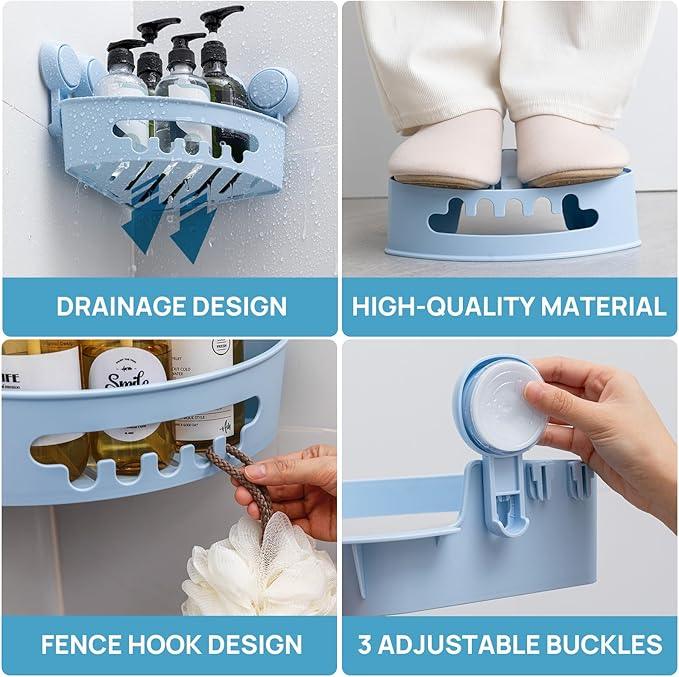 LEVERLOC Corner Shower Caddy Suction Cup, Shower Caddy Basket Powerful Suction Bathroom, Waterproof & Rustproof Organizer for Bathroom Storage, No-Drilling Removable (Blue) - ModernBath
