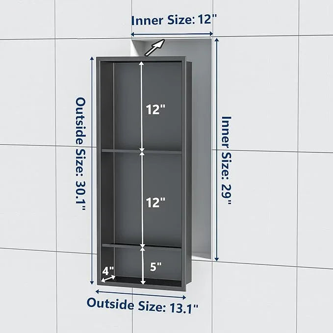 Qeke Stainless Steel Shower Niche 12" X 29", No Tile Needed Wall Niche Three-Tier, Recessed Shower Shelf for Bathroom Storage, Gun Metal - ModernBath