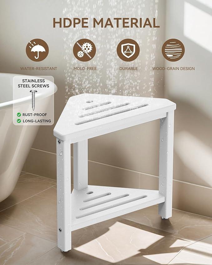 Shower Foot Rest 15in, HDPE Waterproof Shower Stool for Inside Shower, Corner Shower Stool for Shaving Legs with Storage Shelf for Small Space, Shower Step Stool, Plastic Corner Shower Bench, White - ModernBath
