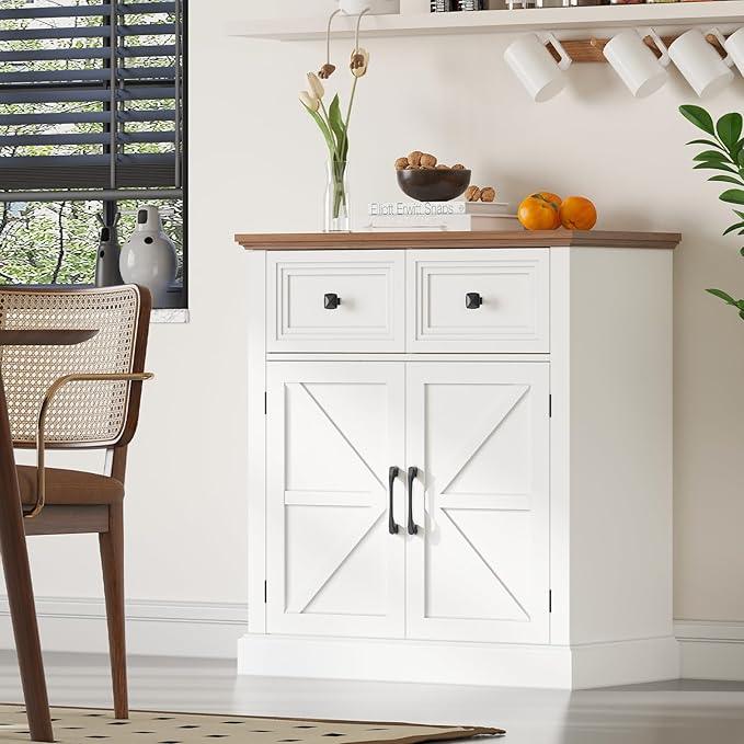 Vabches Farmhouse Buffet Sideboard with Drawers, Wood Pantry Cabinet with Storage, Rustic Storage Cabinet with Adjutable Shelf and Barn Door for Kitchen, Dining Room, Living Room, White - ModernBath