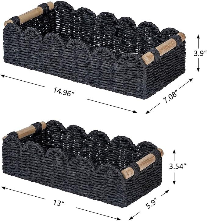 CubesLand Decorative Toilet Paper Storage Basket, Modern Farmhouse Home Decor Basket for Organizing, Scalloped Pantry Baskets for Shelves, Countertop, Living Room, w/Wood Handles, Black 2 Sizes - ModernBath