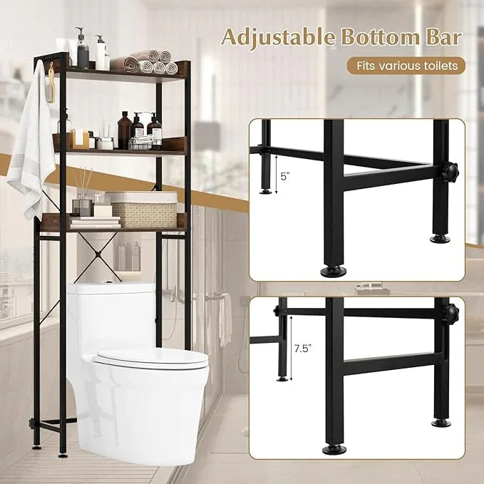 Tangkula Over The Toilet Storage, 3-Tier Toilet Rack Bathroom Space Saver with 4 Hooks & Adjustable Bottom Bar, Freestanding Bathroom Organizer Shelf Over Toilet for Restroom Balcony Laundry (Brown) - ModernBath