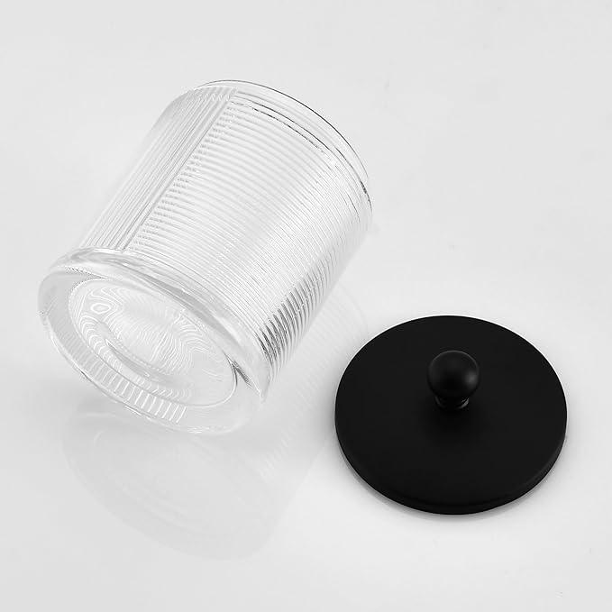 Indecor Home Clear Transparent Apothecary Ribbed Geometric Etched Glass Jar W/Matte Black Metal Lid Cover for Bathroom Organization, Cotton Balls, Q Tips, and Small Accessories, Bathroom Storage - ModernBath