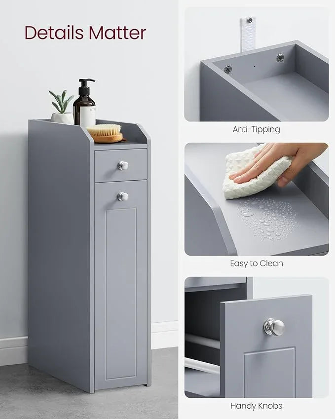VASAGLE Slim Storage Cabinet, Narrow Storage Organizer with Slide Out Drawers, Freestanding Toilet Paper Holder, Small Space Skinny Cabinet for Bathroom Kitchen Corner, Dove Gray UBBC847G02 - ModernBath