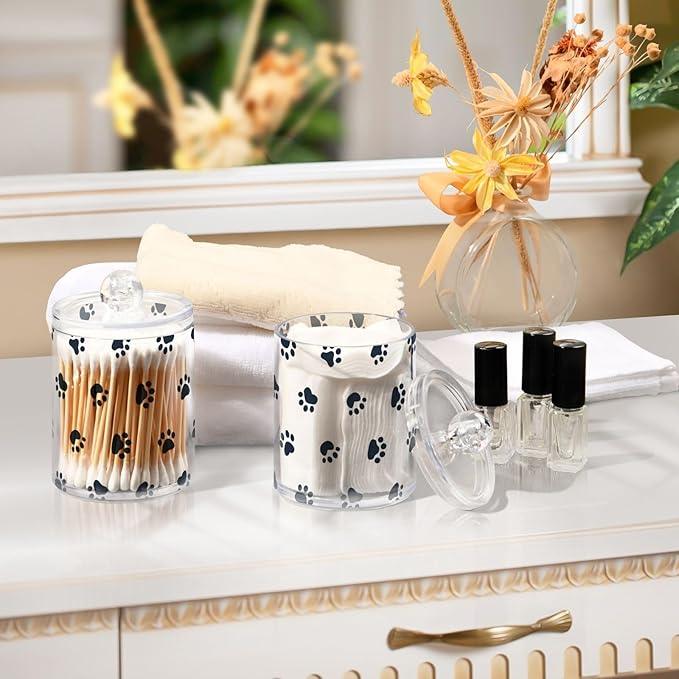 Tatenale Qtip Holder Bathroom Set Q tip Cotton Ball Swab Pad Dispenser Container Organizer Plastic Jars with Lids Storage 2Pack Small Paw Print White - ModernBath