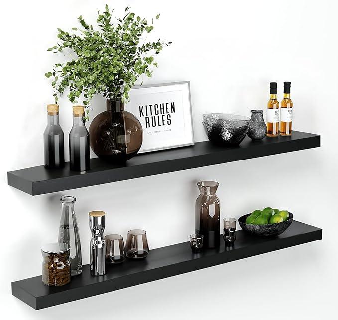 Homeforia Floating Black Shelf 60 inch, High End Solid Real Wood 60 inches Long Floating Shelves for Wall, Black Wooden 60inch Large Floating Shelves, Heavy Duty Bracket, 60 X 6.5 X 1.75 in, Set of 3 - ModernBath