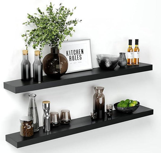 Homeforia Floating Black Shelf 60 inch, High End Solid Real Wood 60 inches Long Floating Shelves for Wall, Black Wooden 60inch Large Floating Shelves, Heavy Duty Bracket, 60 X 6.5 X 1.75 in, Set of 3 - ModernBath