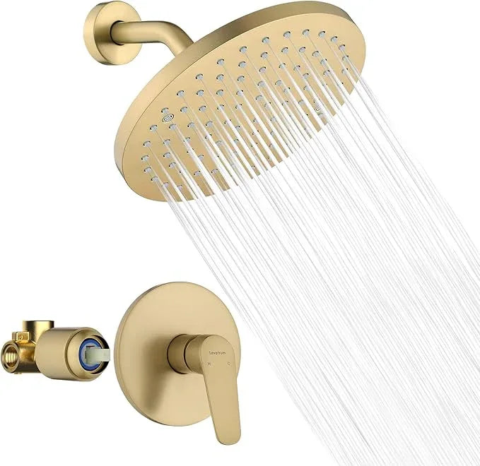 Lavatrum Brush Gold Shower Head and Handle Set Single Spray Premium Wall Mount 8 Inch Rainfall Round Shower Faucet with Rough-in Valve and Trim Kit for Bathroom（1.8GPM) - ModernBath