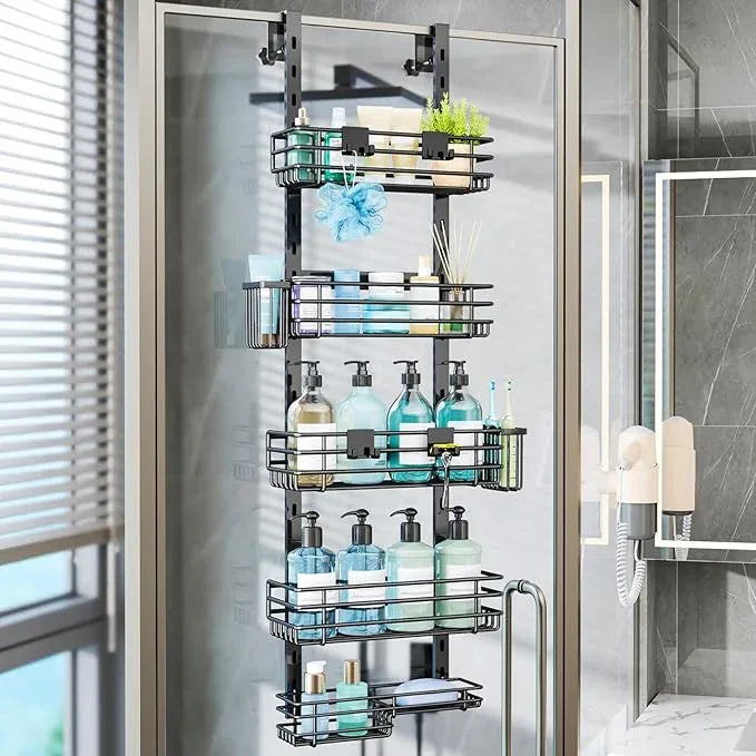 Consumest Over The Door Shower Caddy - 5 Tier Adjustable Shower Organizer Hanging with 2 Toothbrush Holders & 4 Hooks, Rustproof Organizer Shelf, Storage Rack for Bathroom, Black - ModernBath