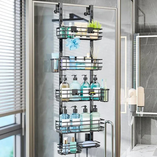 Consumest Over The Door Shower Caddy - 5 Tier Adjustable Shower Organizer Hanging with 2 Toothbrush Holders & 4 Hooks, Rustproof Organizer Shelf, Storage Rack for Bathroom, Black - ModernBath