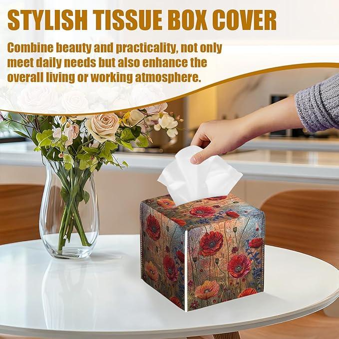 Red Poppy Tissue Box Cover 2PCS, Leather Tissue Box Holder Square Facial Paper Case Tissue Box Cube Organizer for Bathroom Bedroom Desk Office - ModernBath