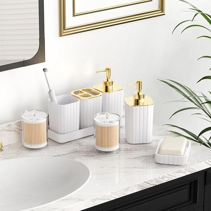 XLHOMO Bathroom Accessories Set- 25PC White Bathroom Set, Bathroom Set with Shower Curtain and Rugs, Pink Shower Curtain Set, Soap Dish & Trash Can - ModernBath
