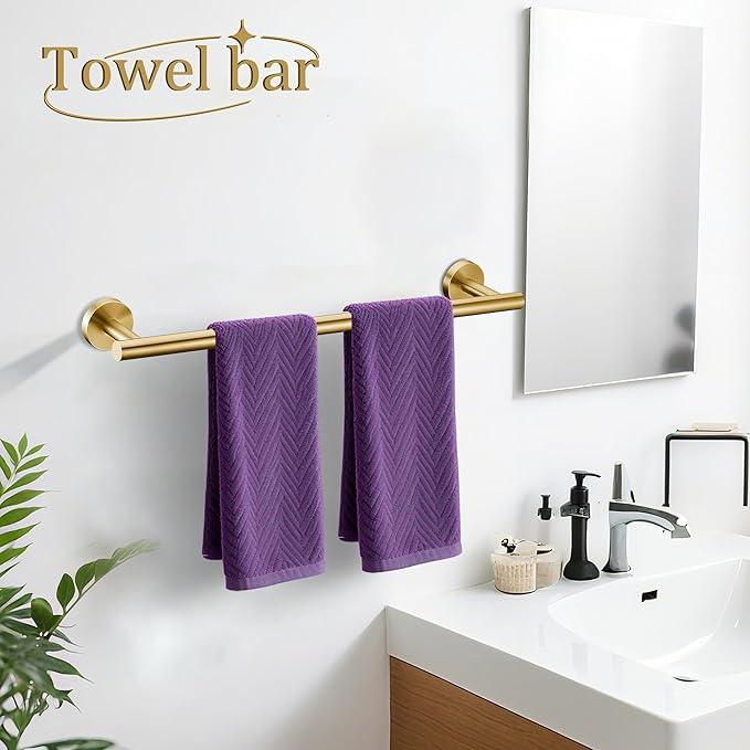 5 Pieces Brushed Gold Bathroom Hardware Accessories Set, SUS304 Stainless Steel 24 Inch Bath Towel Bar Set, Round Bathroom Towel Holder Set, Towel Racks for Bathroom Wall Mounted - ModernBath