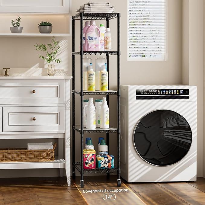5 Tier Shelves Storage Shelf Wire Closet Bathroom Organizers Metal Pantry Kitchen Garage Shelving Unit Laundry Room Organization Home Rack Net Basket Black with Wheels 14”D X 24”W X 61”H - ModernBath