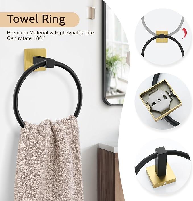 Lairuier 5-Piece Black Gold Bathroom Hardware Set, Bathroom Accessories Set with Towel Bar, Toilet Paper Holder and 2 Towel Hooks SUS304 Stainless Steel Towel Bar Set Wall Mounted - ModernBath