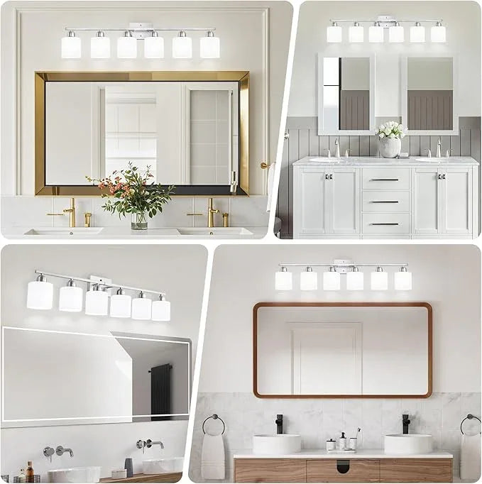 Brushed Nickel Vanity Light for Large Mirror, 6 Light Bathroom Lighting Fixtures Over Mirror with Milky White Frosted Glass Shades, 38 inch Bathroom Light for Mirrors, E26 Socket - ModernBath