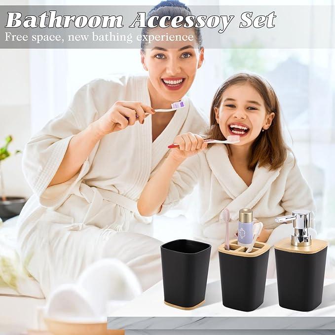XLHOMO Black Bathroom Accessories, Bathroom Accessories Set with Trash Can, Soap Dispenser, Toothbrush Holder, Toothbrush Cup, Soap Dish, Toilet Brush, Tray and Q-tip Holders for Housewarming - ModernBath