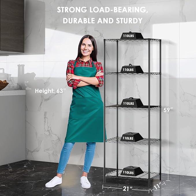 BNSPLY 5 Tier Wire Shelving Unit, Adjustable Wire Rack Shelving, Changeable Metal Wire Storage Shelves for Kitchen, Laundry, Bathroom, Balcony, Pantry (11.4" D x 21.3" W x 59" H, Black) - ModernBath