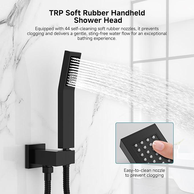 SR SUN RISE Shower Faucet Set & System - 12 Inch Rainfall Shower Head & Handle Set Wall Mounted Matte Black Solid Brass Valve Trim Kit Included - ModernBath