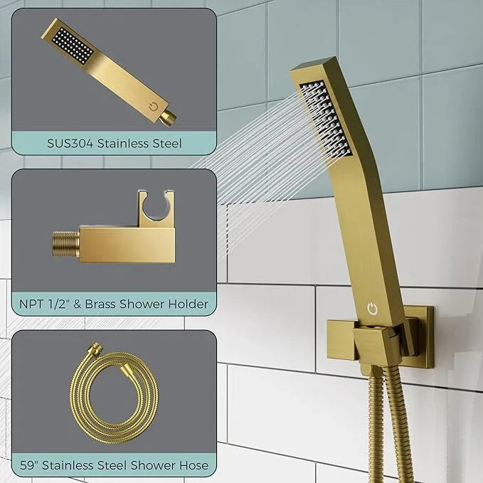 FORIOUS Shower Head System, 10 Inch Rain Shower Faucet Set with Handheld Spray Combo Rough-in Valve, Solid Brass Pressure Balanced Valve Trim Kit, Ceiling Mount, Brushed Gold - ModernBath