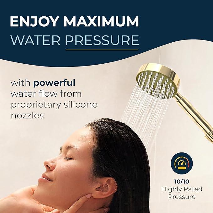 HammerHead Showers® Solid Metal Handheld Shower Head with Hose and Brass Holder - POLISHED BRASS - 2.5 GPM High Pressure Shower Heads with Adjustable Shower Wand Bracket - 6ft Flexible Extension - ModernBath