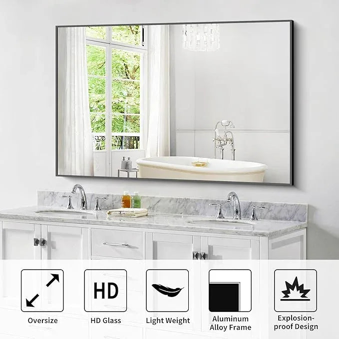 COFENY Bathroom Black Mirror, 36x55in Black Rectangle Mirror with Thin Metal Frame, Large Rectangular Wall Mirror for Bathroom, Living Room, Hair Salon, Big Farmhouse Mirror Hang Horizontal/Vertical - ModernBath