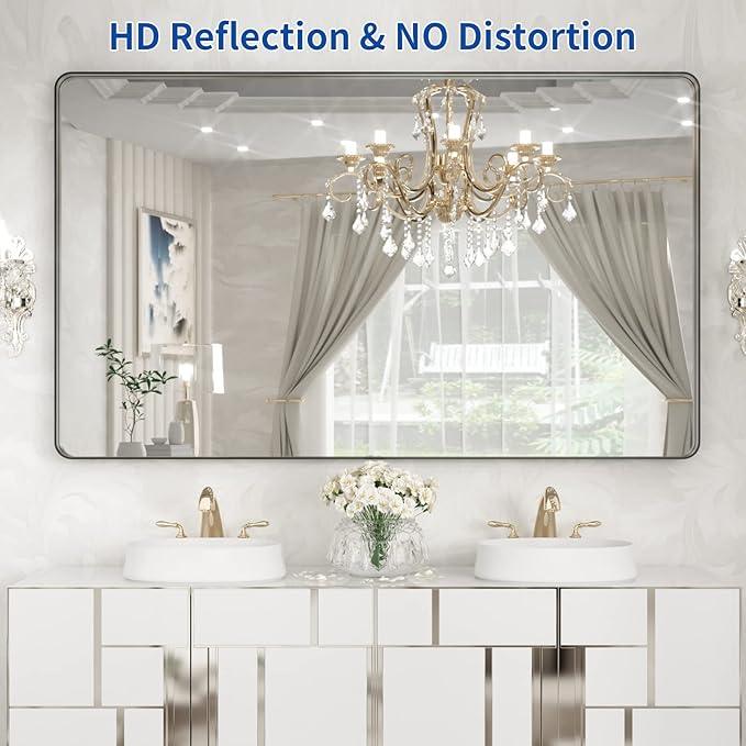 WEER Black Metal Framed Mirror, 60X36 Inch Rectangular Matte Black Wall Mirror for Bathroom, Rounded Corner Black Bathroom Vanity Mirror, Tempered Glass, Anti-Rust, Hangs Horizontal or Vertical - ModernBath