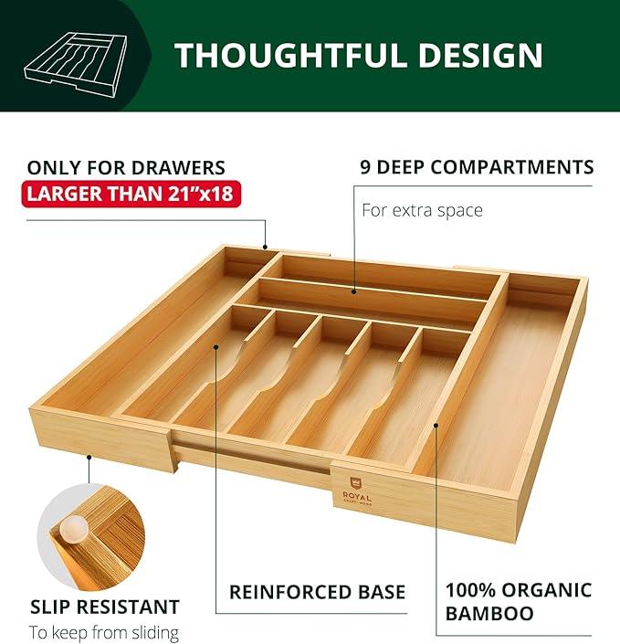 ROYAL CRAFT WOOD Luxury Bamboo Kitchen Drawer Organizer - Silverware Organizer, Utensil Holder & Cutlery Tray Drawer Dividers for Flatware (9 Slot, Natural) - ModernBath