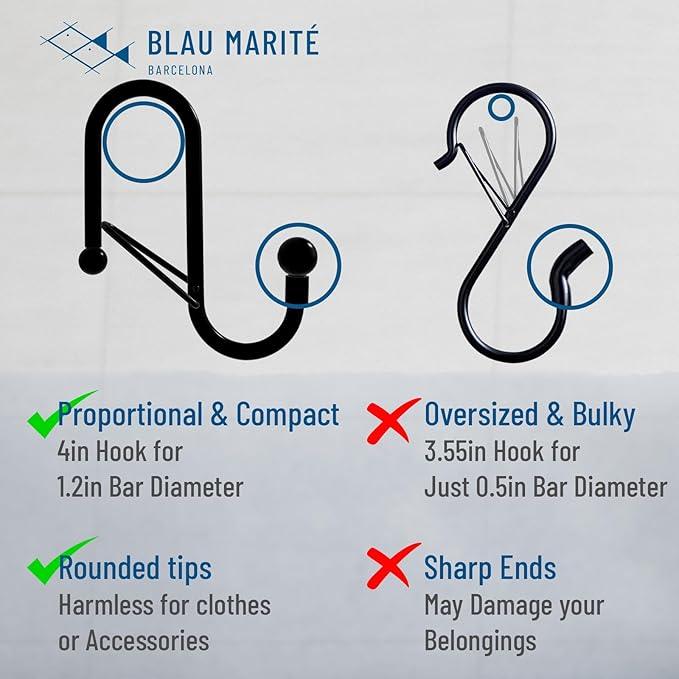 Blau Marité 6 S-Shaped Hooks with Anti-Fall System. Anti Drop S-Shaped Hook with Safety Buckle to Prevent Falls. Heavy Duty. (Black, 4in Long (Diameter Rod<1.2in)) - ModernBath