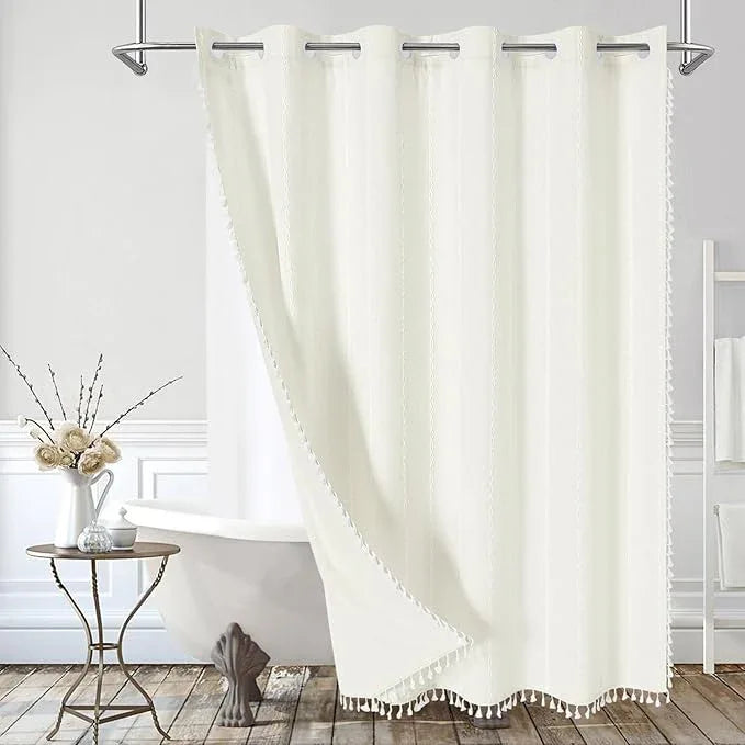 MitoVilla No Hooks Required Boho Farmhouse Shower Curtain with Snap-in Liner, Cotton Linen Fabric Shower Curtains with Tassels for Rustic Neutral Bathroom Decor, Ivory, 72 x 74 - ModernBath