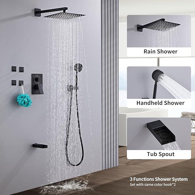 RTTWYYUU Matte Black Shower Tub Faucet Set, Wall Mounted 8 Inch Shower Heads with Handheld Spray Combo and Tub Shower Faucet, Luxury Bathroom Square Rain Shower System - 4 Hooks - ModernBath