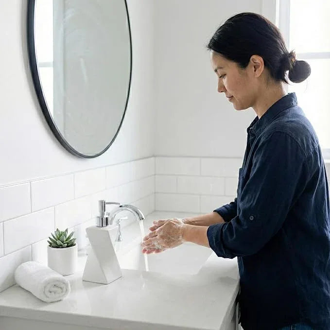 Modern White Soap Dispenser with Silver Pump for Bathroom and Kitchen, Contemporary Art Style, Matte Finish, Rust Proof, 8.5oz (Arctic White) - ModernBath