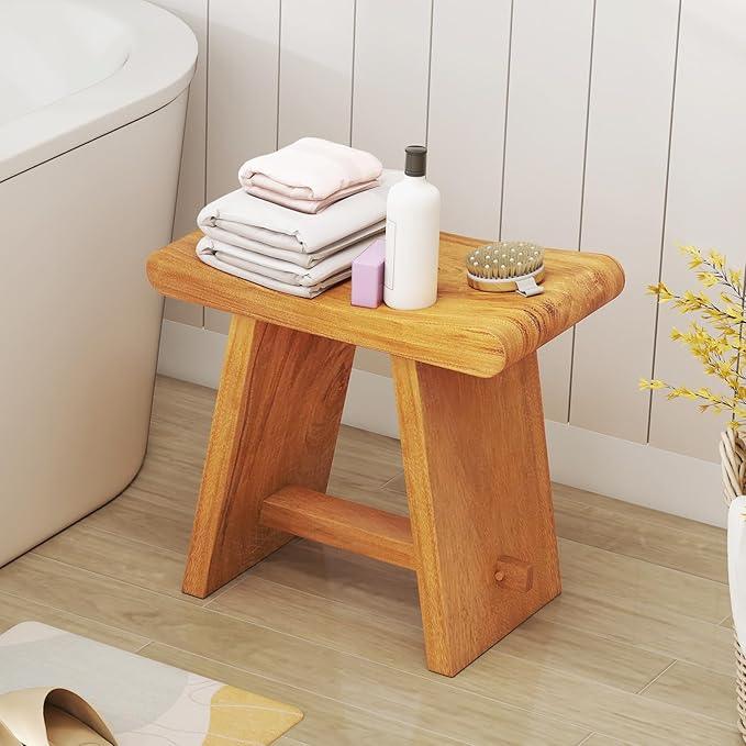 Giantex Teak Shower Bench Stool for Bathroom, Fully Assembled Wooden Bath Seat with Curved Seat, Waterproof Spa Shaving Bench Foot Rest for Indoor Outdoor Use, 19.5''L x 12''W x 18''H - ModernBath