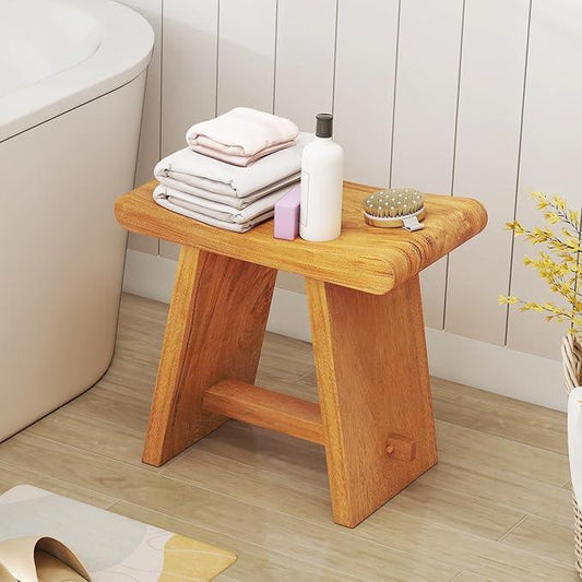 Giantex Teak Shower Bench Stool for Bathroom, Fully Assembled Wooden Bath Seat with Curved Seat, Waterproof Spa Shaving Bench Foot Rest for Indoor Outdoor Use, 19.5''L x 12''W x 18''H - ModernBath