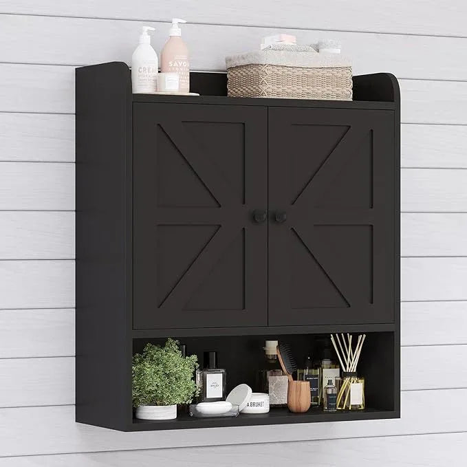 EasyCom 22" W x 26" H Bathroom Wall Cabinet, Farmhouse Medicine Cabinet with Adjustable Shelves and Double Barn Doors, Over The Toilet Storage Cabinet for Bathroom, Kitchen, Living Room, Black - ModernBath
