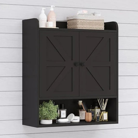 EasyCom 22" W x 26" H Bathroom Wall Cabinet, Farmhouse Medicine Cabinet with Adjustable Shelves and Double Barn Doors, Over The Toilet Storage Cabinet for Bathroom, Kitchen, Living Room, Black - ModernBath