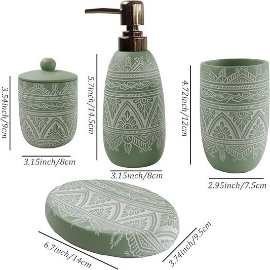 Hymmah Green Bathroom Accessories Set,Farmhouse Bathroom Decor,4 Pcs Resin Gift Set Apartment Necessities, Contain Cotton Swab Jar,Soap Dispenser,Tumbler，Soap Dish/Tray - ModernBath
