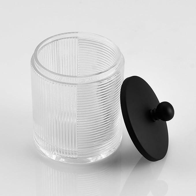 Indecor Home Clear Transparent Apothecary Ribbed Geometric Etched Glass Jar W/Matte Black Metal Lid Cover for Bathroom Organization, Cotton Balls, Q Tips, and Small Accessories, Bathroom Storage - ModernBath