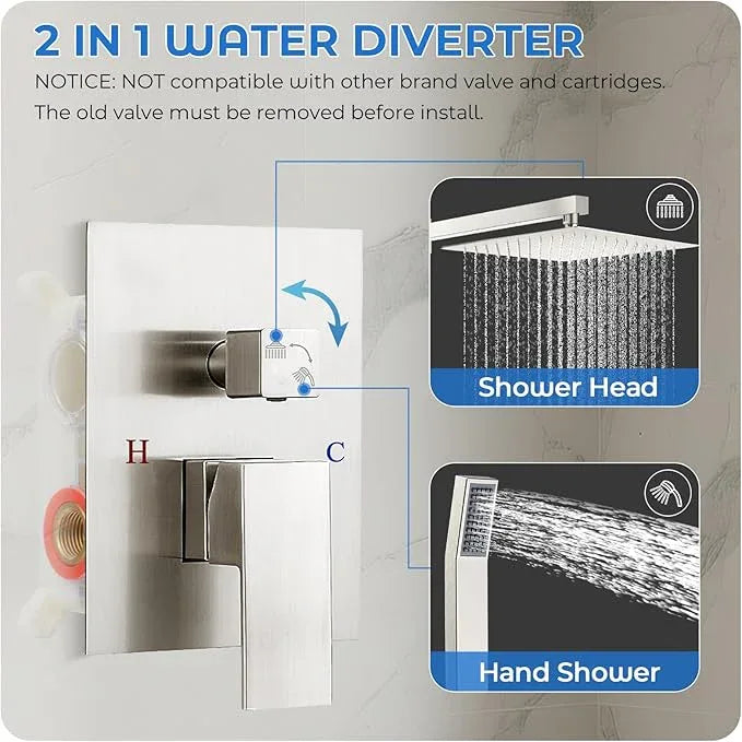 RNDIOZD Brushed Nickel Shower Faucet Set, 10 inch Rain Shower System w/Pressure Balance Valve, Wall Mounted 2-Functions Bathroom Shower Systems w/Rain Shower and Handheld Spray Shower Trim Included - ModernBath