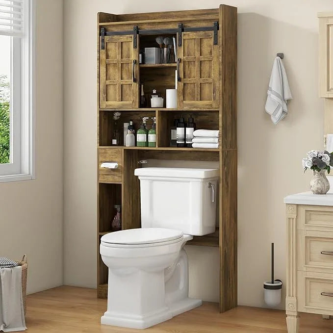 Over The Toilet Storage Cabinet, Farmhouse Storage Cabinet Over Toilet with Sliding Doors，Home Space-Saving Toilet Rack, for Bathroom, Restroom, Laundry(Brown - ModernBath