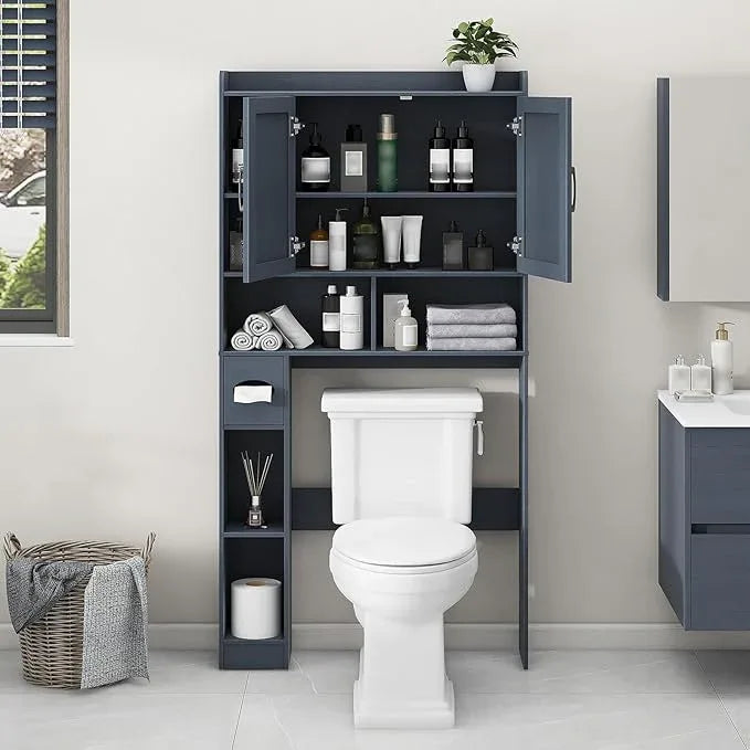 Vabches Over The Toilet Storage Cabinet, Farmhouse Storage Cabinet Over Toilet with 2 Barn Door & Toilet Paper Holder Stand，Home Space-Saving Toilet Rack, for Bathroom, Restroom, Laundry,Blue - ModernBath