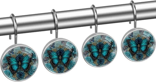 Navy Blue Butterfly Shower Curtain Hooks 12Pcs, Decorative Rust Resistant Shower Rings for Shower Curtain Rods, Stainless Steel Round Curtain Hooks for Bathroom, Bedroom, Farmhouse - ModernBath