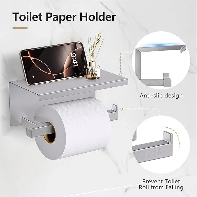 TQKAG 5-Pieces Brushed Nickel Bathroom Hardware Accessories Set 23.6" SUS304 Stainless Steel Towel Bar Set Wall Mounted Square Toilet Paper Holder with Shelf - ModernBath