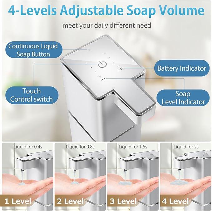 JEMISUN Automatic Liquid Soap Dispenser Touchless Soap Dispenser 380ml/12.8oz Rechargeable, Wall Mounted,4 Levels Adjustable Auto Soap Pump for Bathroom Kitchen Dish Soap - ModernBath