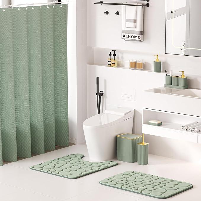 XLHOMO Bathroom Accessories Set - 25PC Sage Green Bathroom Set, Bathroom Set with Shower Curtain and Rugs, Sage Green Shower Curtain Set, Bathroom Accessory Set, Trash Can & Soap Dispenser - ModernBath