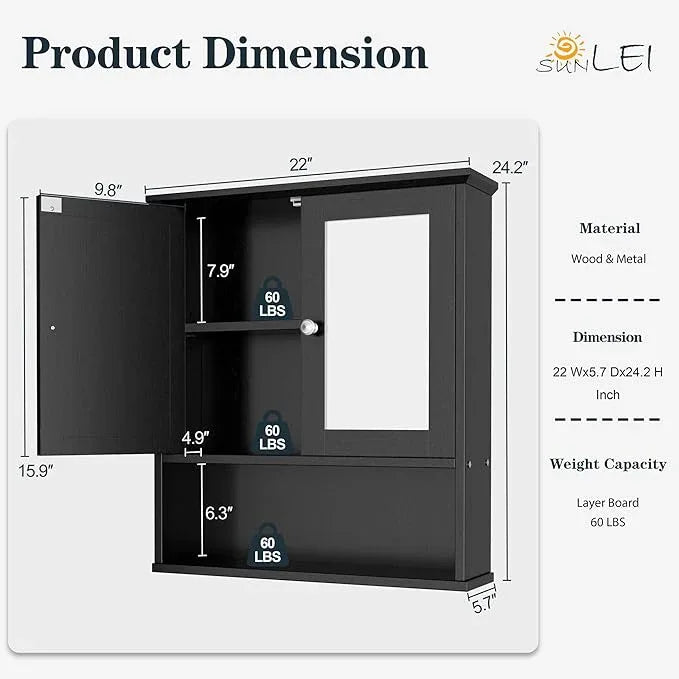 SUNLEI Bathroom Cabinet with Mirror, Wall Cabinet with 2 Mirrored Doors & Open Compartment Bathroom Cabinet Wall Mounted with Mirror Door, Black - ModernBath