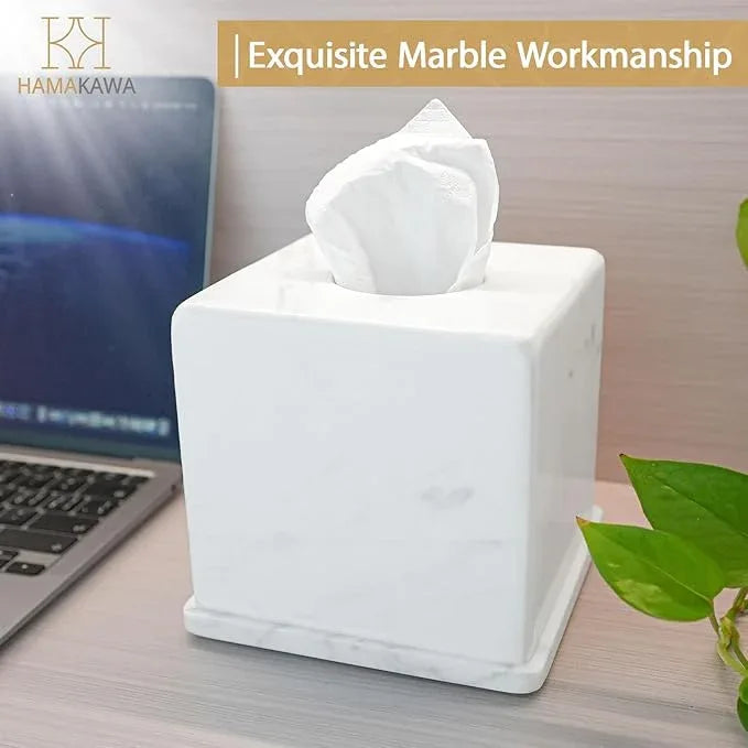 HAMAKAWA Natural Marble Tissue Box Cover, Volakas White Tissue Organizer 6 x 6 x 5.7 inch, Heavy Stone Decorative Box, Square Tissue Box Holder for Home Decor, Kitchen, Bathroom, Bedroom - ModernBath