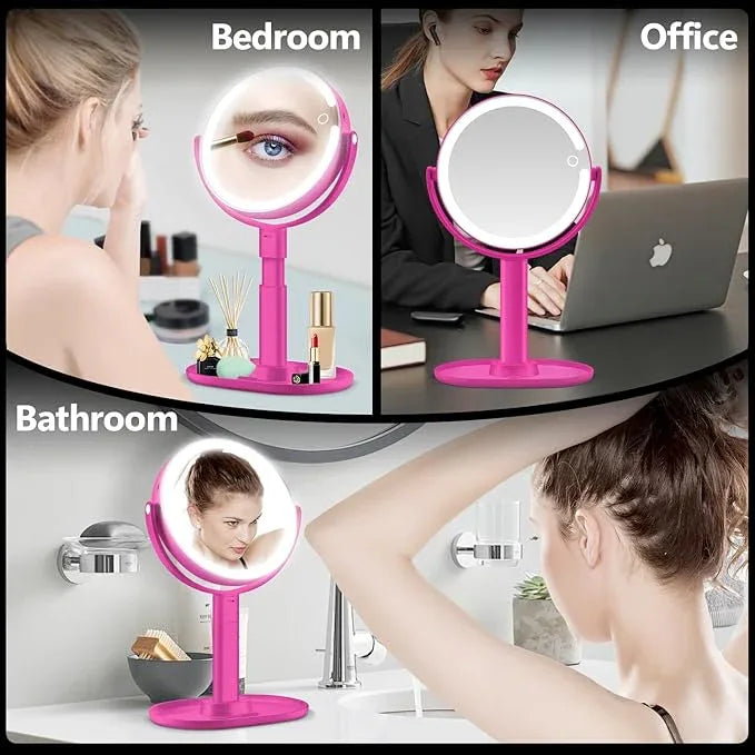 MIYADIVA Makeup Mirror with Lights, 30X Magnifying Mirror with Light and Touch Switch, Vanity Mirror with 3 Color Light and 80 LEDs, Height Adjustable Desk Mirror with Lights, Hot Pink - ModernBath