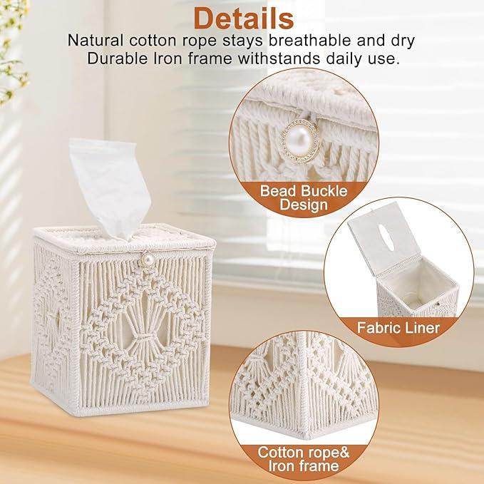 Macrame Tissue Box Cover, 2 Pack Square Boho Decor Tissue Holder, Handmade Woven Cotton Rope Organizer with Open Bottom for Bedroom, Bathroom, Living Room, Office - Ivory - ModernBath